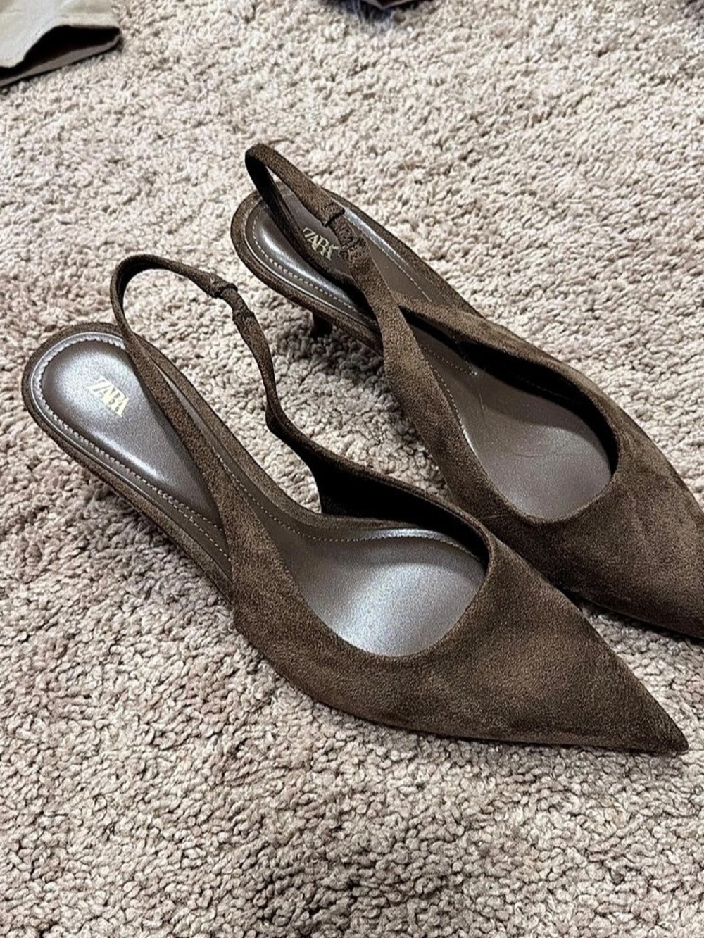 Zara Suede Kitten Heel Slingback Shoes Brown